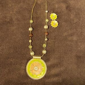 Lime green and brown necklace and matching earrings